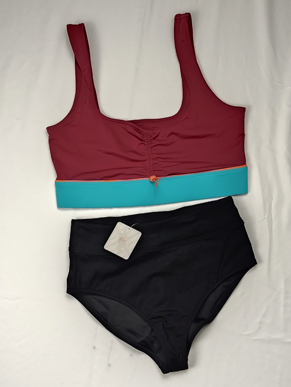 Fabletics Burgundy Scoop Bikini Top Sz L and Black High-Waist Bottoms Sz M